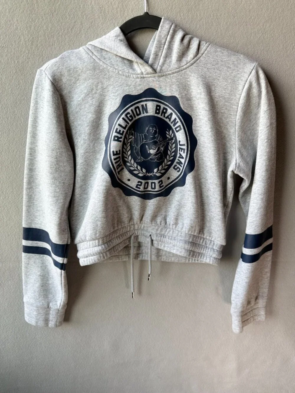 True Religion Cropped Hoodie Gray Navy Logo Graphic Y2K Streetwear Sweatshirt, S